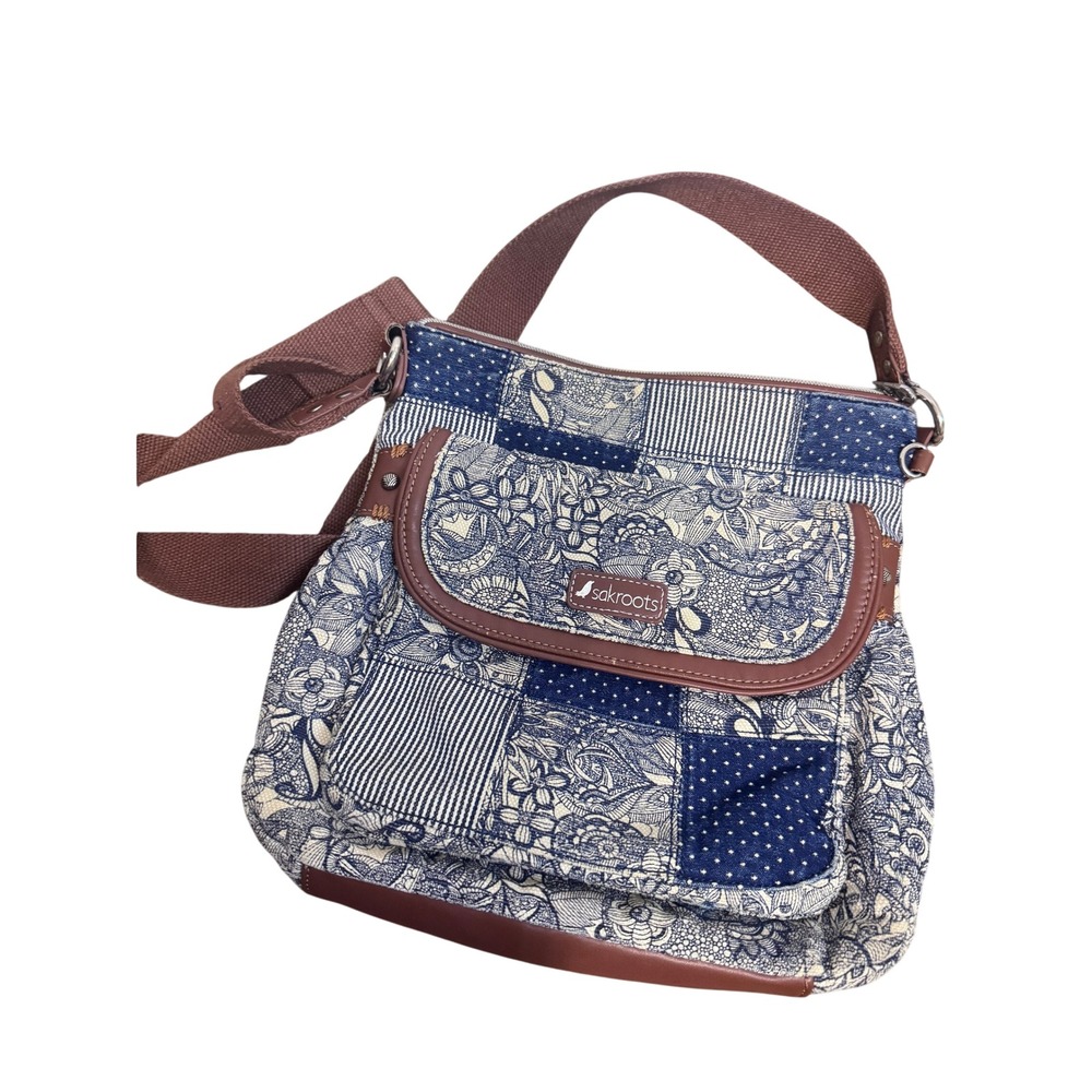 Sakroots Blue White Patchwork Canvas Crossbody Bag Boho Floral Polka Dot